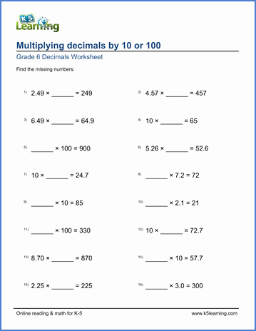 Multiplying by 6 Worksheet Beautiful Grade 6 Math Worksheets Multiplying Decimals by 10 or 100