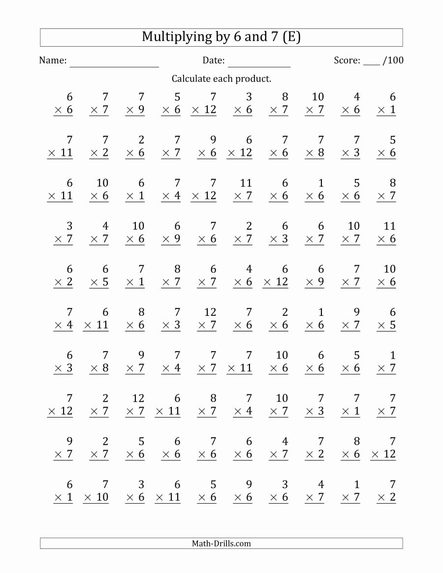 Multiplying by 6 Worksheet Inspirational Multiplying 1 to 12 by 6 and 7 E