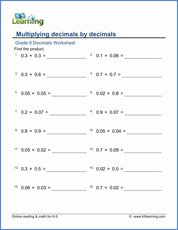 Multiplying by 6 Worksheet Lovely Grade 6 Math Worksheet Decimals Multiplying Decimals by