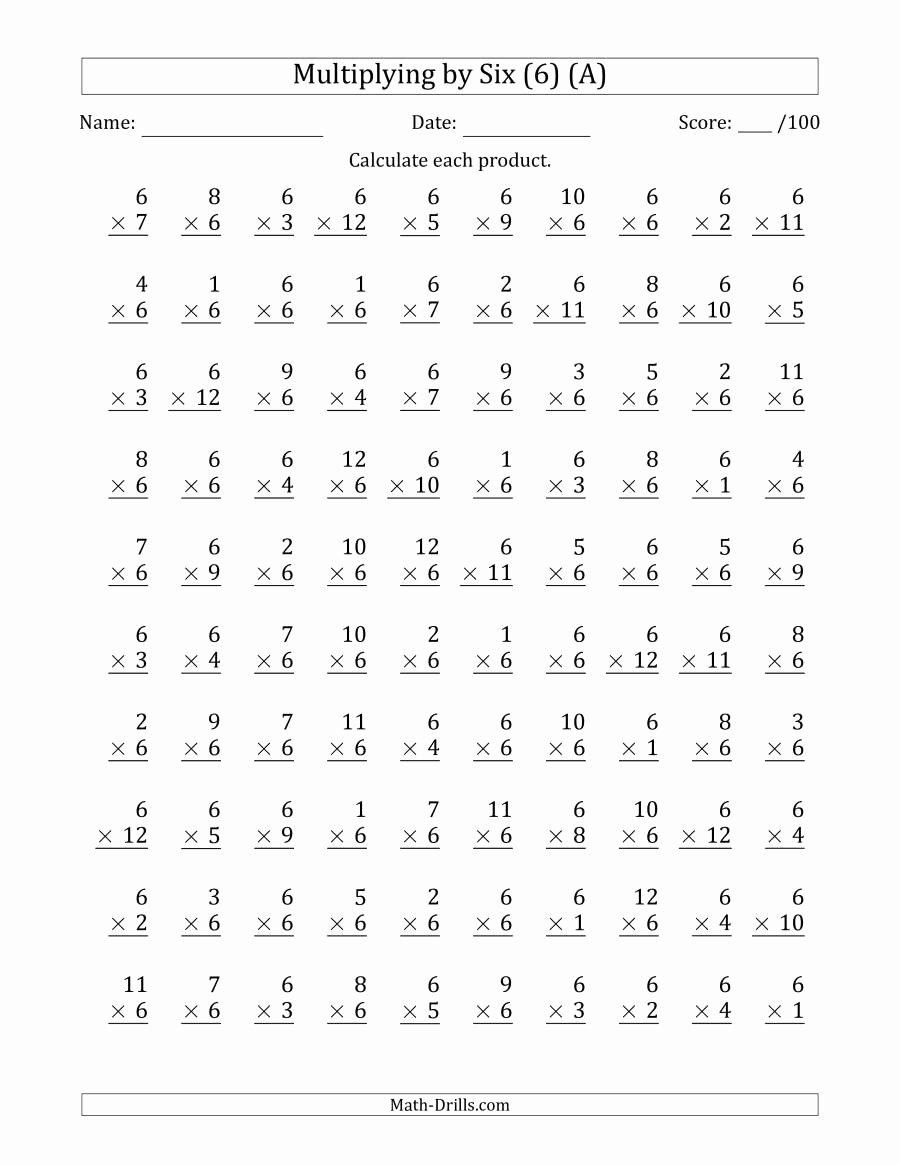 Multiplying by 6 Worksheet Lovely Multiplying 1 to 12 by 6 A