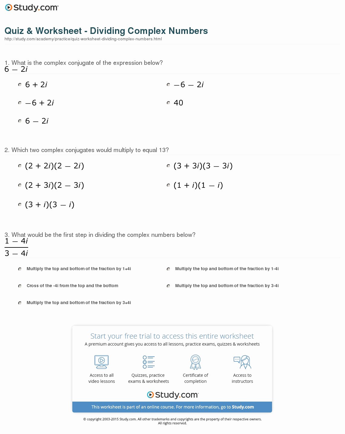 Multiplying Complex Numbers Worksheet Fresh Quiz &amp; Worksheet Dividing Plex Numbers