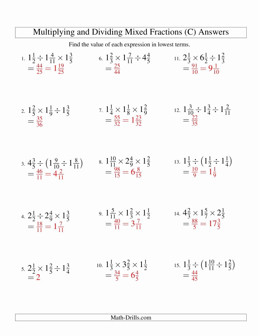 Multiplying Mixed Fractions Worksheet Luxury Multiplying and Dividing Mixed Fractions with Three Terms C