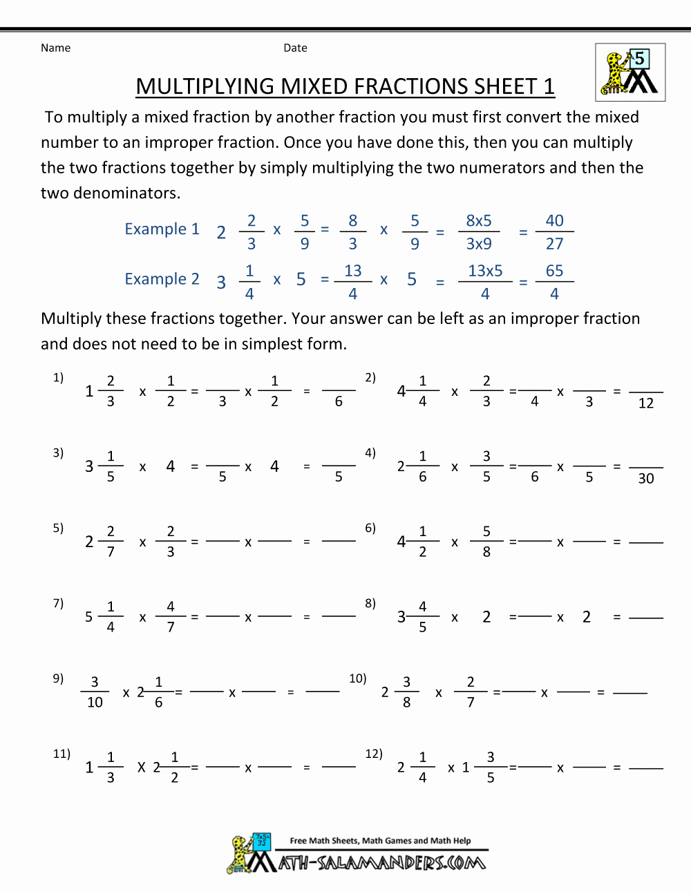 Multiplying Mixed Fractions Worksheet Unique Improper Fractions and Mixed Numbers Worksheet Worksheet
