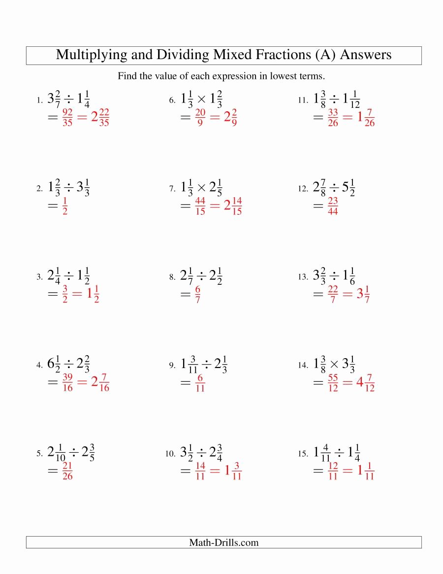 Multiplying Mixed Fractions Worksheet Unique Multiplying and Dividing Mixed Fractions A