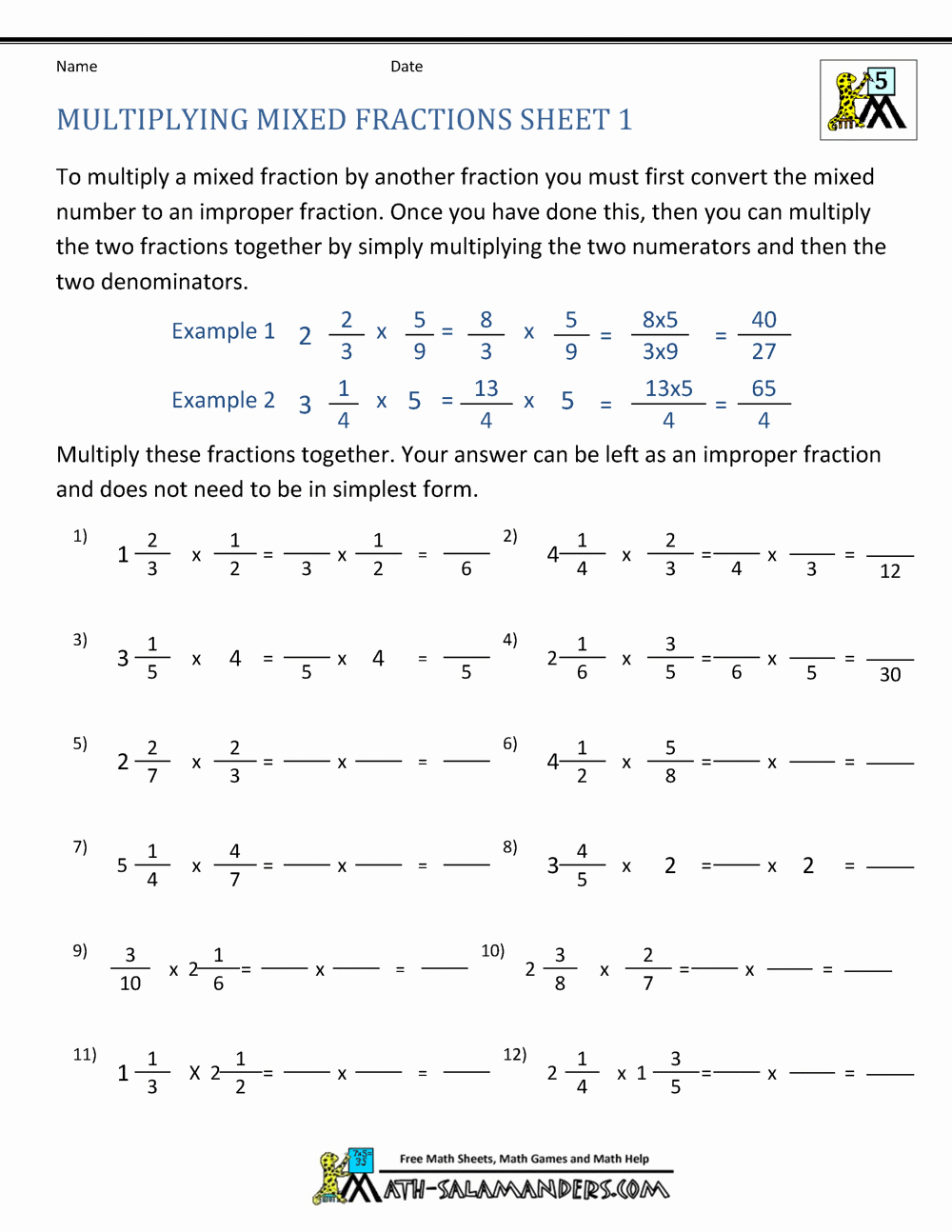 Multiplying Mixed Numbers Worksheet New Multiplying Mixed Fractions