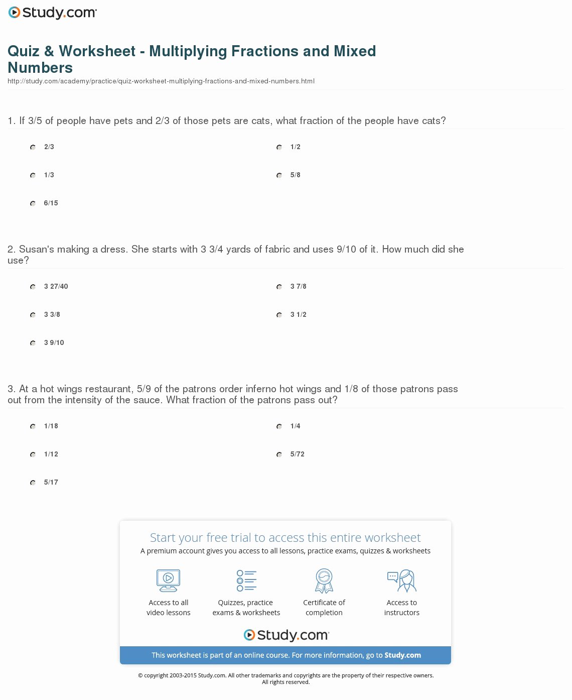 Multiplying Mixed Numbers Worksheet Unique Quiz &amp; Worksheet Multiplying Fractions and Mixed Numbers