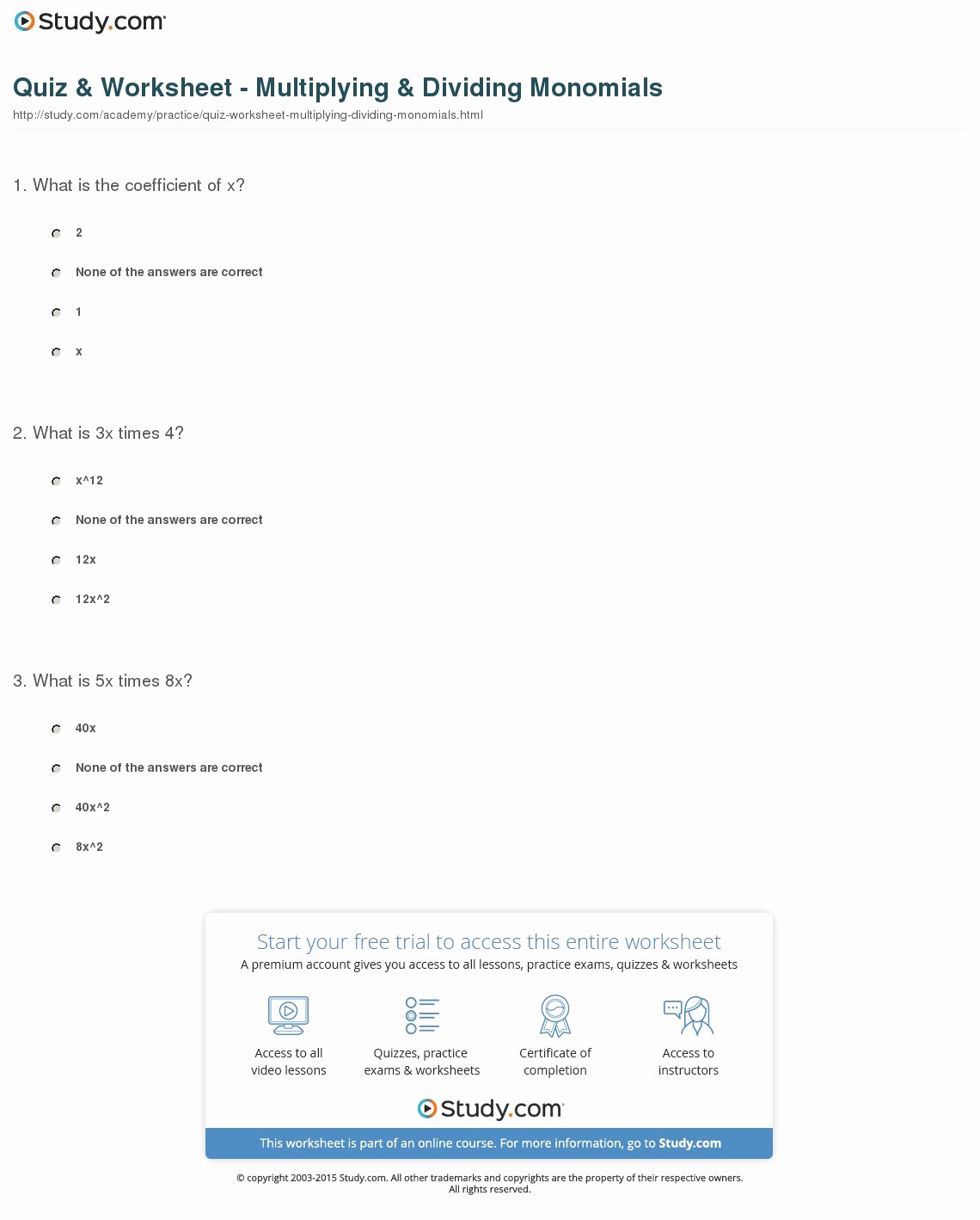 Multiplying Monomials Worksheet Answers Lovely Quiz &amp; Worksheet Multiplying &amp; Dividing Monomials