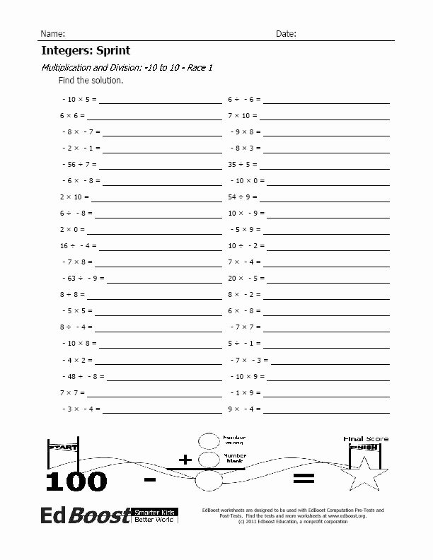 Multiplying Negative Numbers Worksheet Beautiful Integers Sprint Multiplication and Division 10 to 10