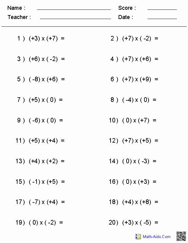 Multiply Negative Numbers Worksheet Tes