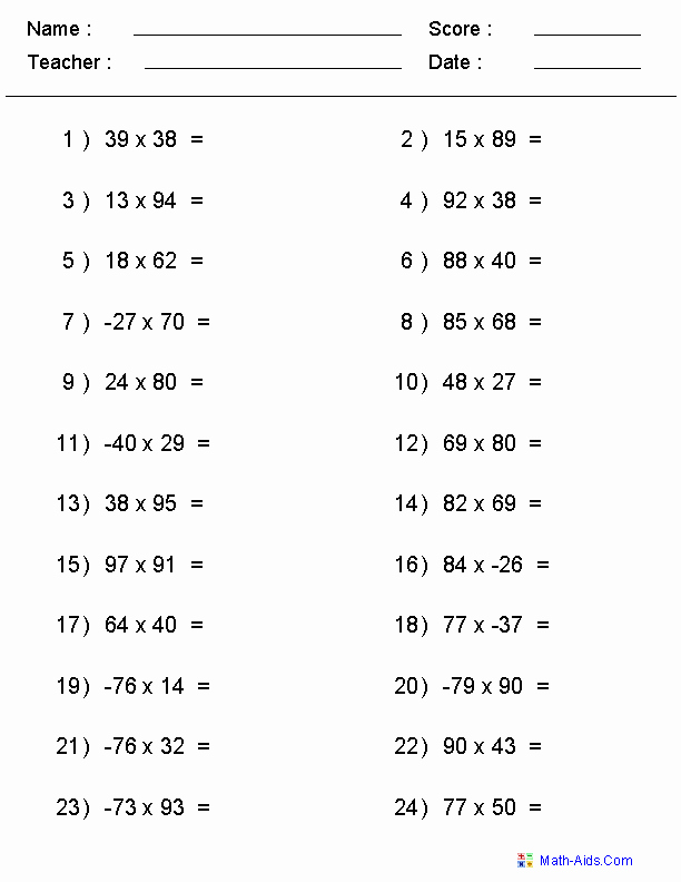 Multiplying Negative Numbers Worksheet Fresh Multiplication Worksheets