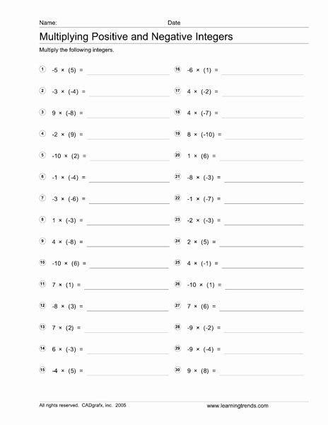 Multiplying Negative Numbers Worksheet Fresh Multiplying Positive and Negative Integers Worksheet for