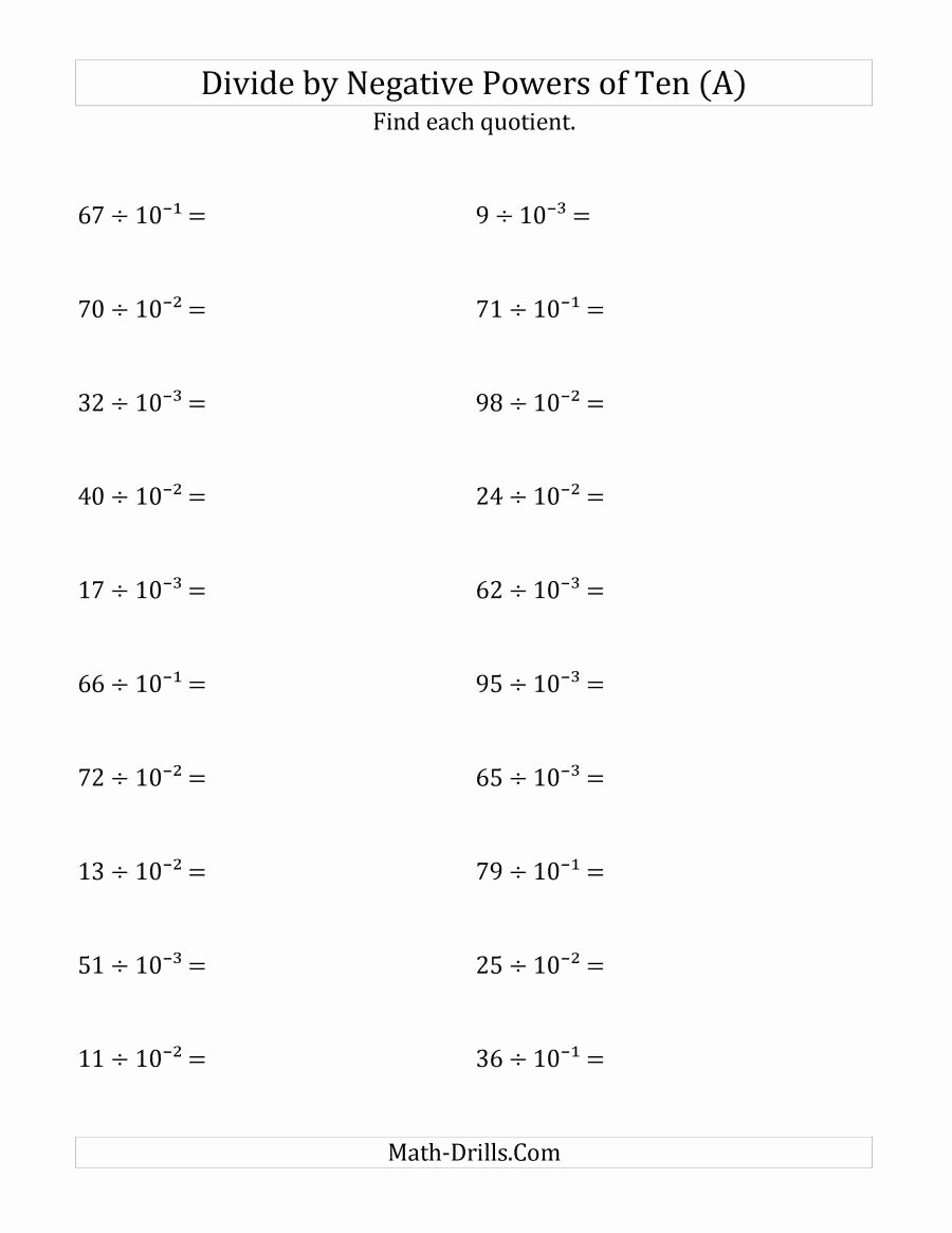 Multiplying Negative Numbers Worksheet Lovely Dividing whole Numbers by Negative Powers Of Ten Exponent
