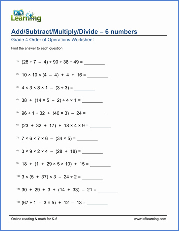 Multiplying Negative Numbers Worksheet Lovely Grade 4 Math Worksheets order Of Operations 6 Terms