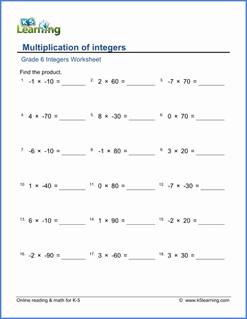 Multiplying Negative Numbers Worksheet Lovely Grade 6 Math Worksheet Integers Multiplying Integers by