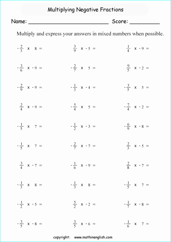 Multiplying Negative Numbers Worksheet New Multiply Negative Fractions by whole Numbers Fraction