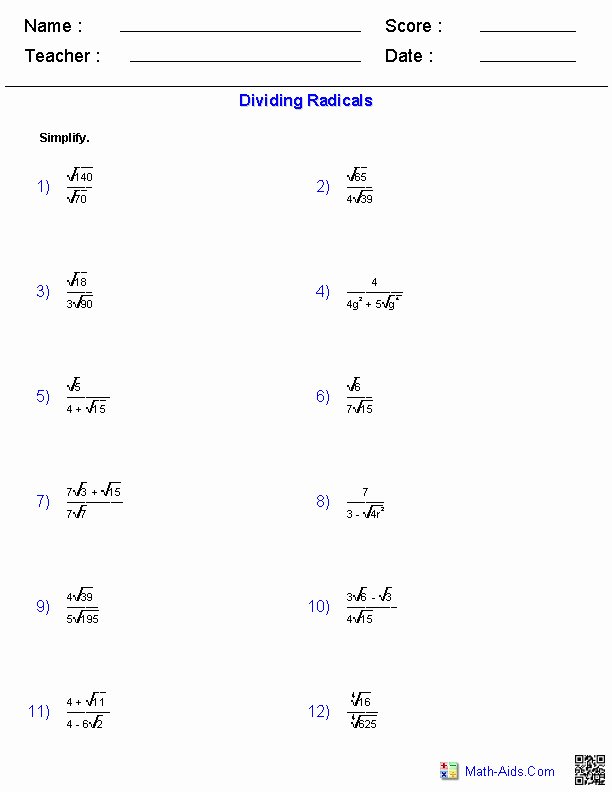 Multiplying Radical Expressions Worksheet Fresh Multiplying and Dividing Radicals Worksheet