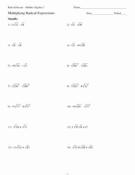 Multiplying Radical Expressions Worksheet Unique Multiplying Radical Expressions Worksheet for 10th 11th