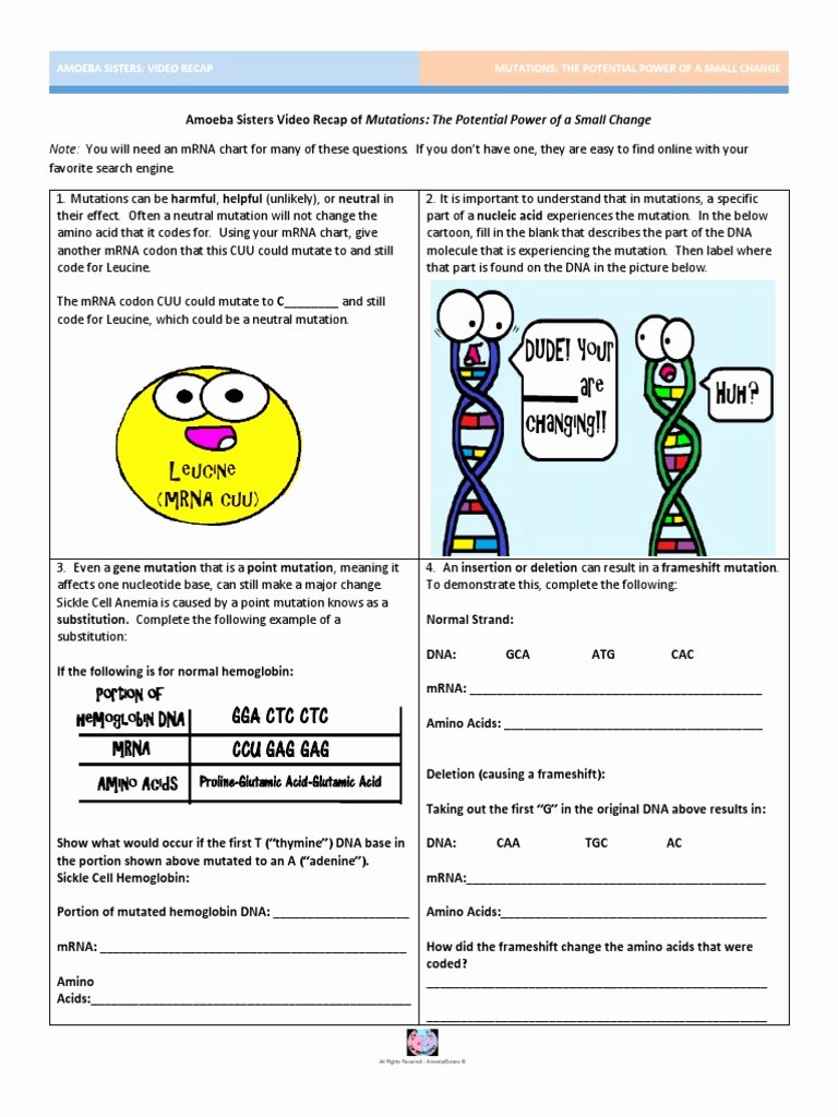 Mutations Worksheet Answer Key Awesome Amoeba Sisters Video Recap Introduction to Cells Worksheet