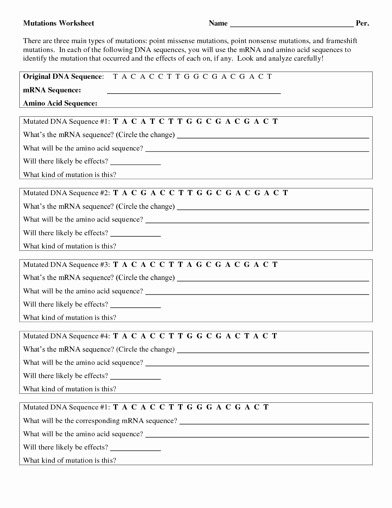 50 Mutations Worksheet Answer Key