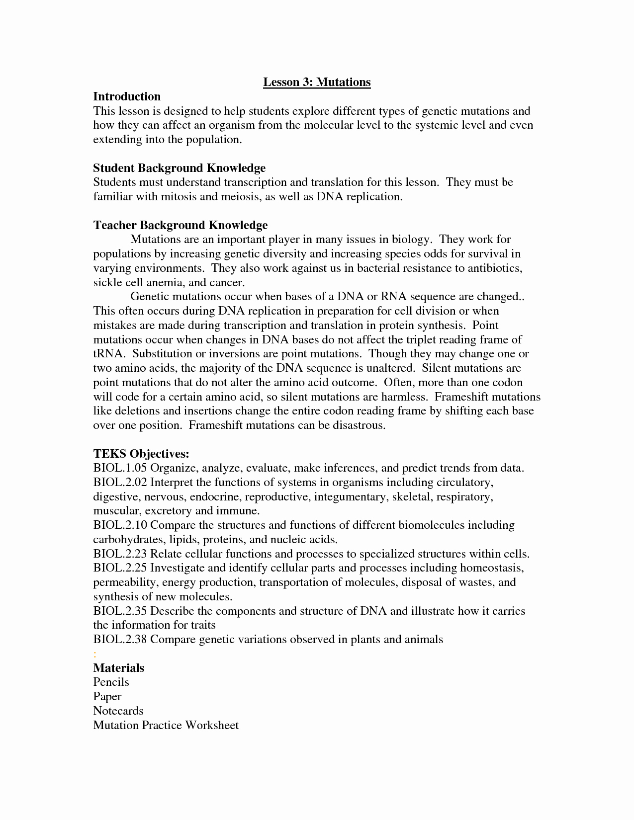 50 Mutations Worksheet Answer Key