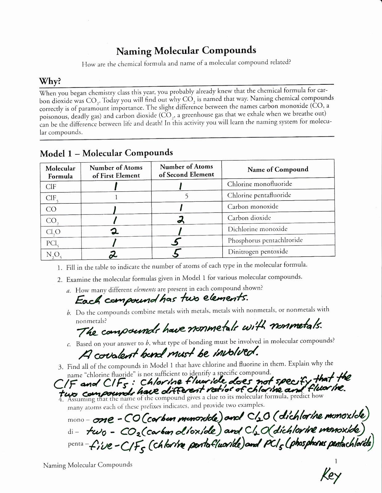 Naming Chemical Compounds Worksheet Answers Elegant Naming Molecular Pounds Worksheet Answers Pogil