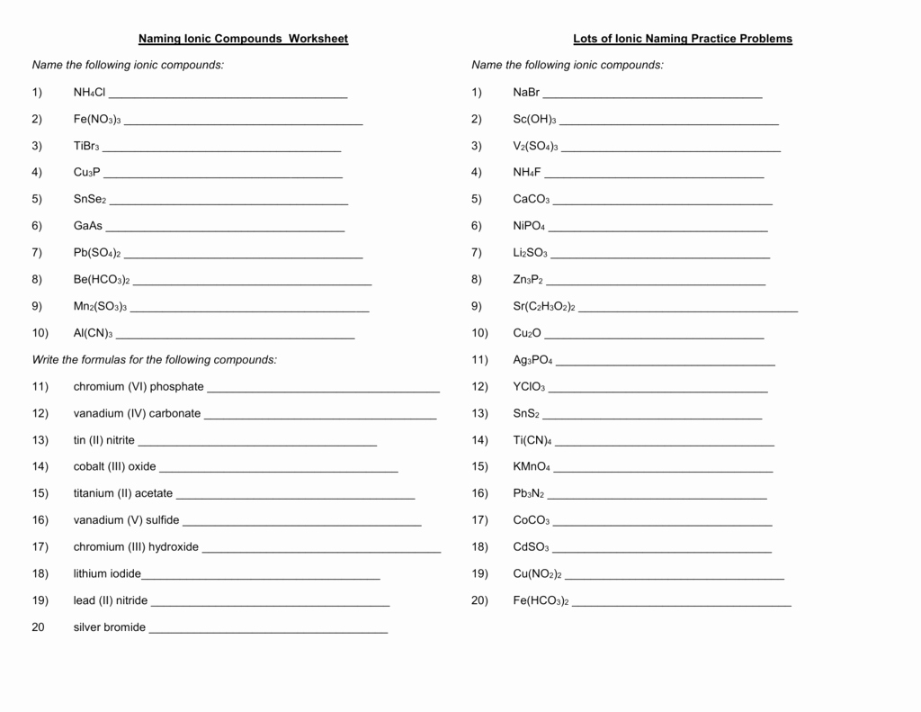 Naming Chemical Compounds Worksheet Answers New Naming Ionic Pounds Practice Worksheet