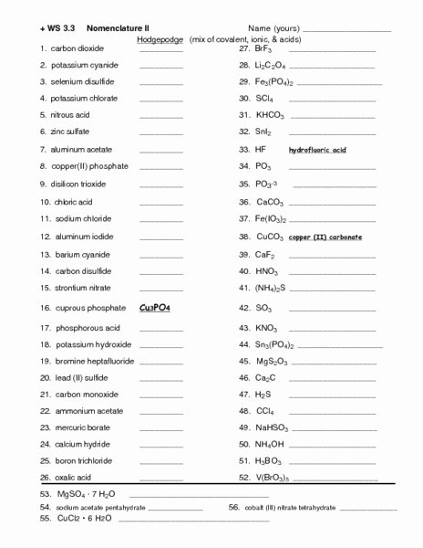 Naming Compounds Practice Worksheet Elegant Ws 3 3 Nomenclature Ii Worksheet for 10th 12th Grade