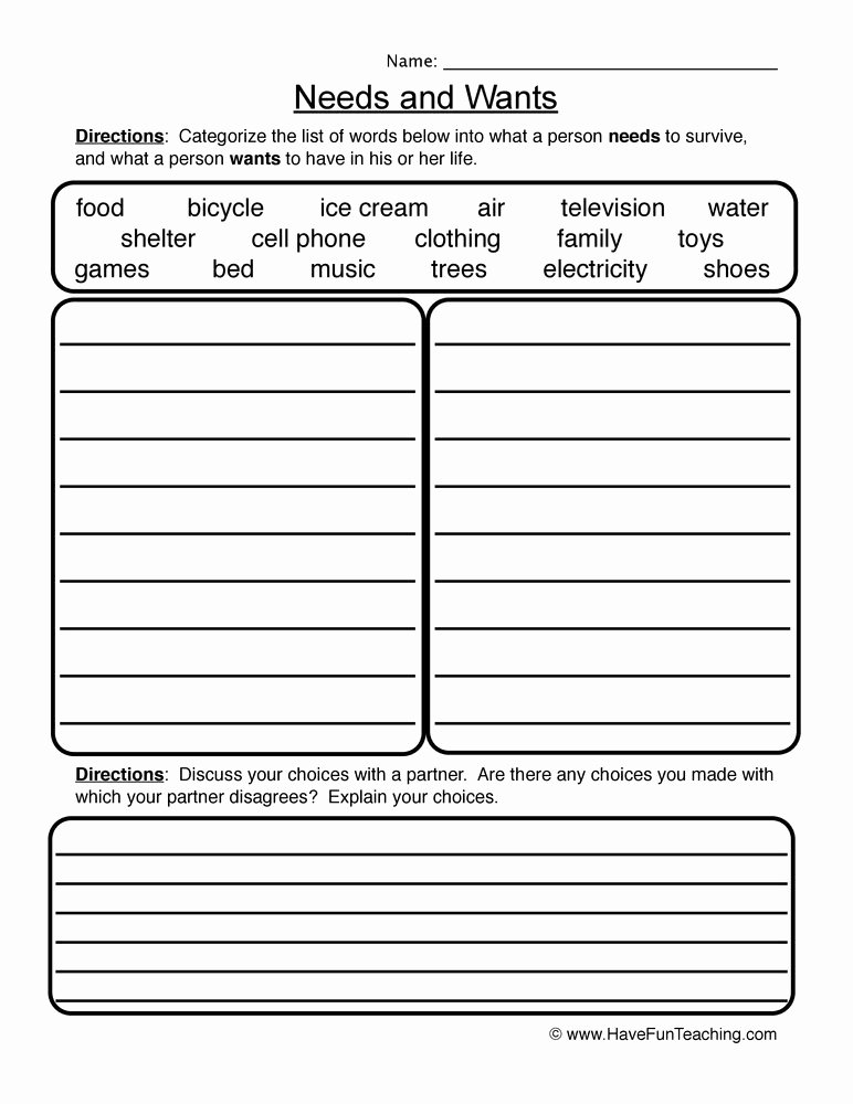Needs and Wants Worksheet Lovely Needs and Wants Worksheet 1