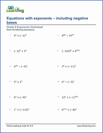 Negative Exponents Worksheet Pdf Beautiful Grade 6 Math Worksheets Equations with Exponents