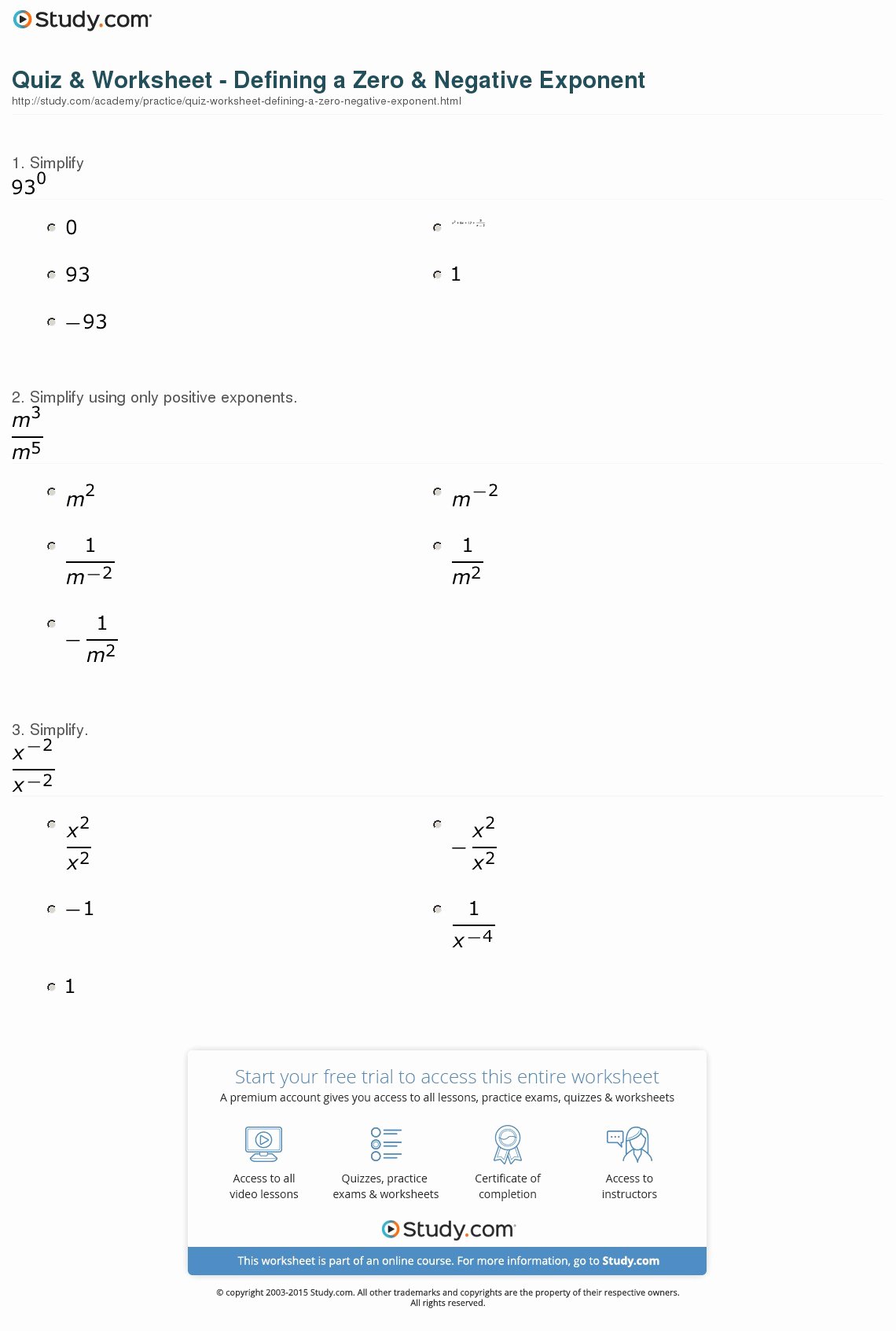 Negative Exponents Worksheet Pdf Inspirational Quiz &amp; Worksheet Defining A Zero &amp; Negative Exponent