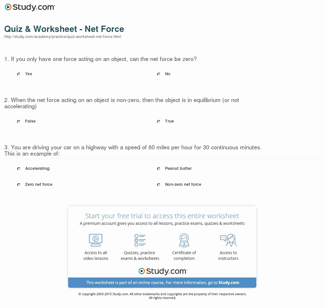 Net force Worksheet Answers Inspirational Quiz &amp; Worksheet Net force