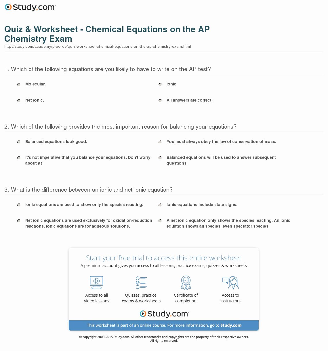 Net Ionic Equations Worksheet Fresh Quiz &amp; Worksheet Chemical Equations On the Ap Chemistry