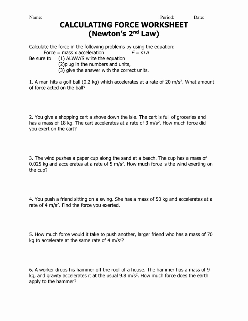 Newton Laws Worksheet Answers New Calculating force Worksheet Newton’s 2 Law