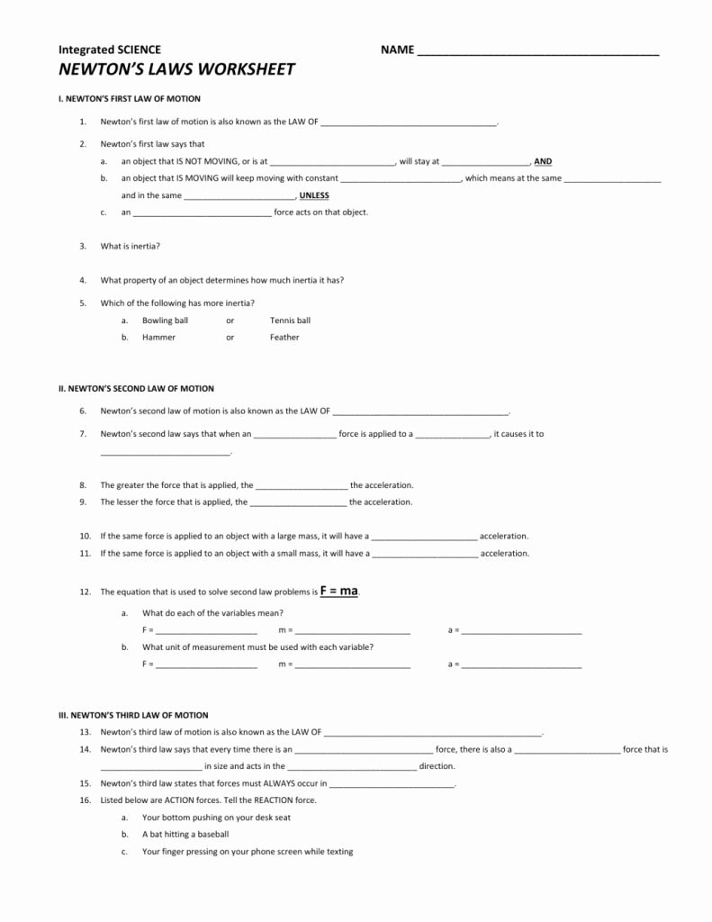 Newton&amp;#039;s 3rd Law Worksheet Beautiful Simple Integrated Science Name Newtons Laws Worksheet I