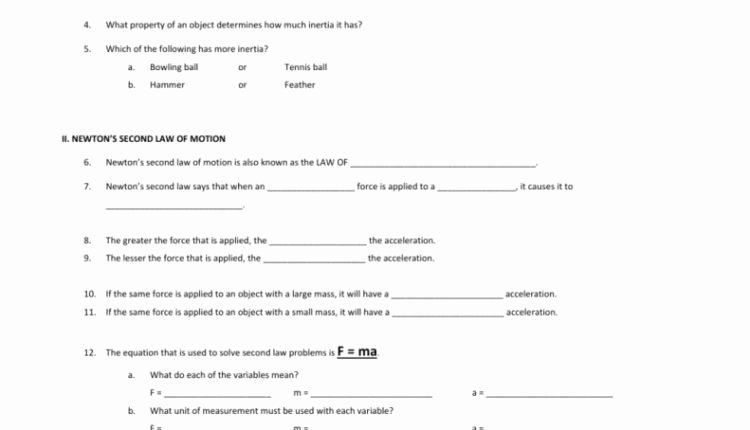 Newton&amp;#039;s 3rd Law Worksheet New Simple Integrated Science Name Newtons Laws Worksheet I