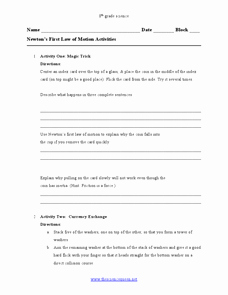 Newton&amp;#039;s Laws Of Motion Worksheet Beautiful Newton S First Law Of Motion Activities Worksheet for 8th