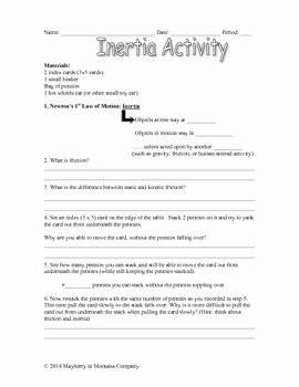Newton&amp;#039;s Laws Of Motion Worksheet Unique Newton S First Law Of Motion Activity Lab Inertia by