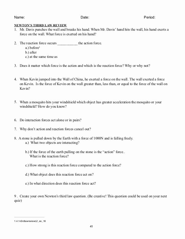 Newton&amp;#039;s Laws Review Worksheet Answers Elegant Newton S Third Law Worksheet Answer Key Breadandhearth