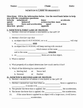 Newton&amp;#039;s Laws Review Worksheet Answers Luxury Newton S Laws Of Motion Worksheet and Review by Ms Science