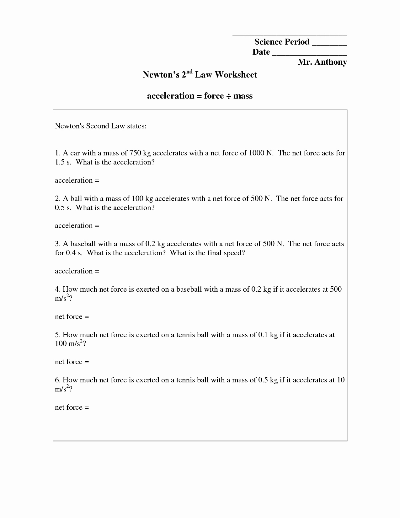 Newton&amp;#039;s Second Law Worksheet Answers Beautiful 14 Best Of Velocity and Acceleration Worksheets