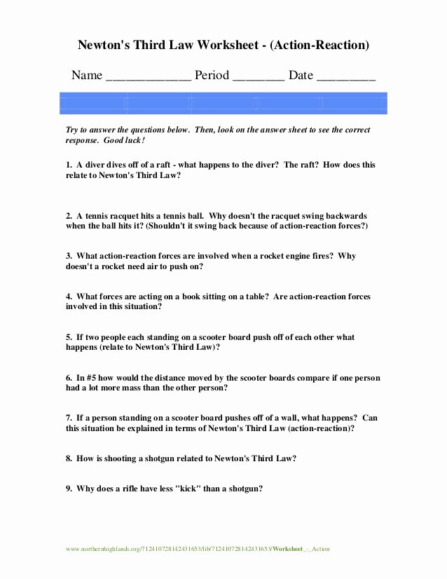 Newton&amp;#039;s Third Law Worksheet Answers Best Of Worksheet Action Reaction with Key