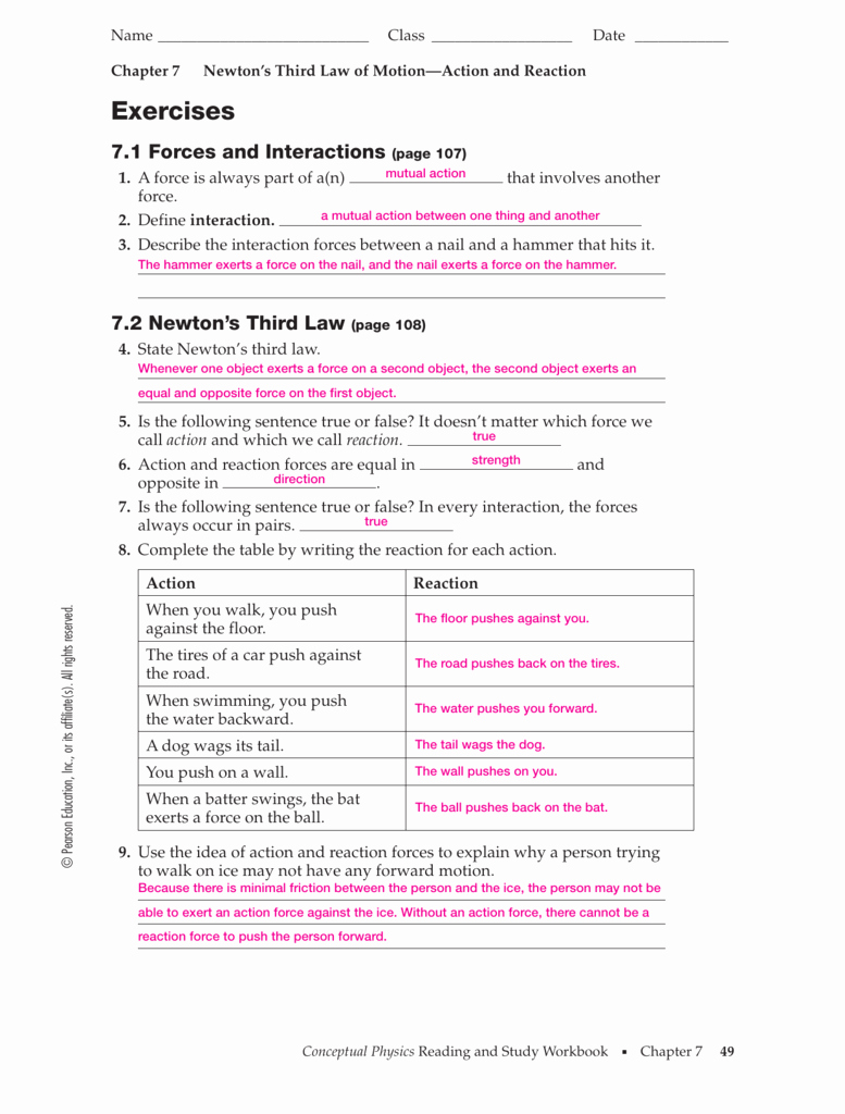 Newton&amp;#039;s Third Law Worksheet Answers Inspirational Newtons Third Law Worksheet Conceptual Physics