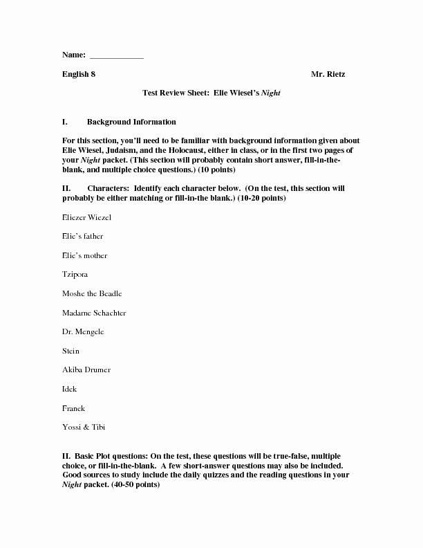 Night Elie Wiesel Worksheet Answers Inspirational Test Review Sheet Elie Wiesel S Night Worksheet for 8th
