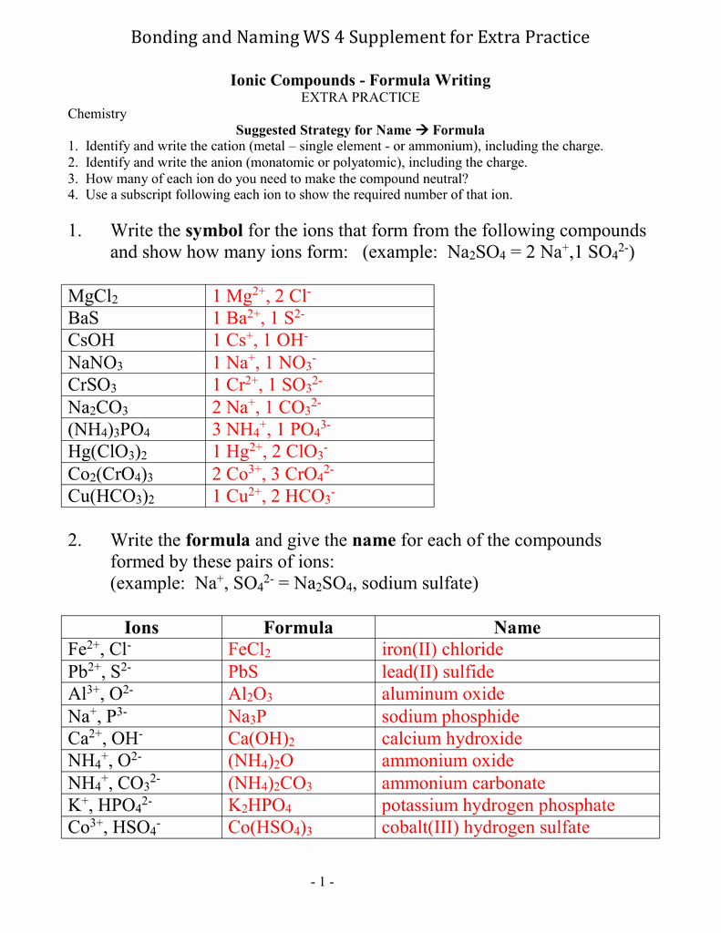 Nomenclature Worksheet 1 Monatomic Ions Beautiful Bonding and Naming Ws 4 Supplement for Extra