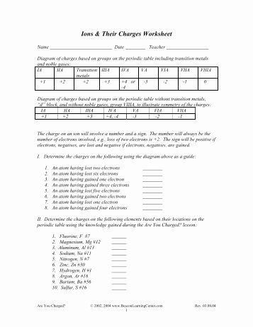 Nomenclature Worksheet 1 Monatomic Ions Beautiful Mon Ions and their Charges Sciencegeek