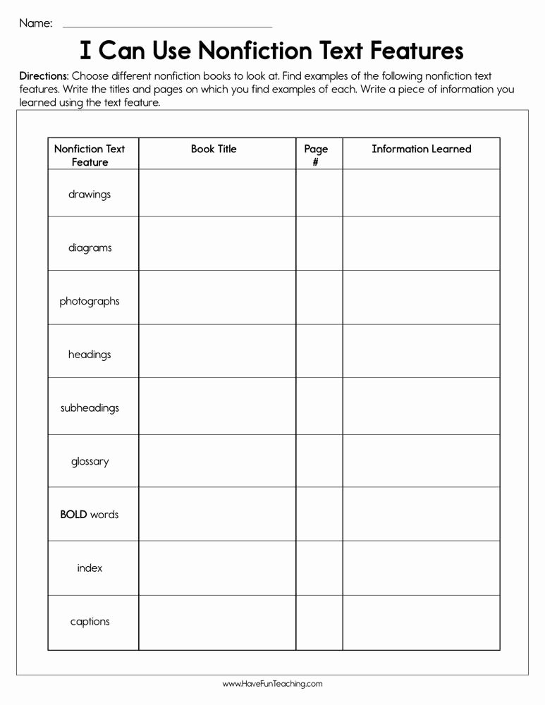Nonfiction Text Features Worksheet Awesome Second Grade Text Features Resources