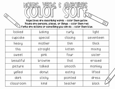 Noun Verb Adjective Worksheet Beautiful Parts Of Speech Word sort [nouns Verbs Adjectives] From