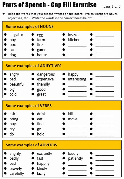 50 Noun Verb Adjective Worksheet