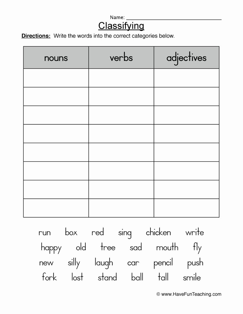 Noun Verb Adjective Worksheet Luxury Classifying Nouns Verbs or Adjectives Worksheet