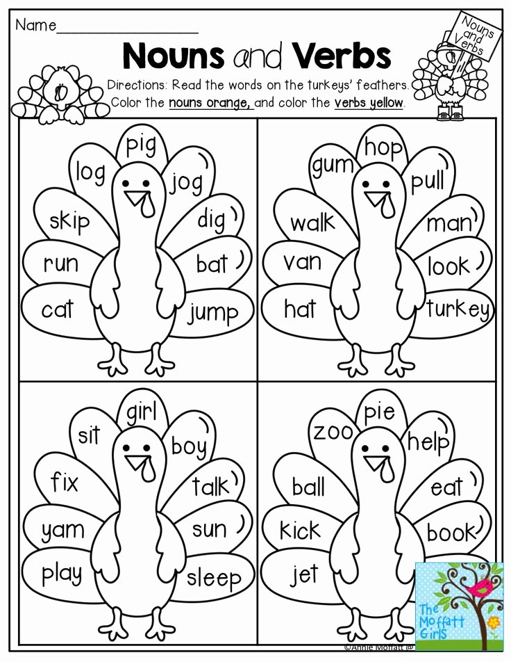 Nouns and Verbs Worksheet Beautiful Nouns and Verbs Color the Feathers According to the Color